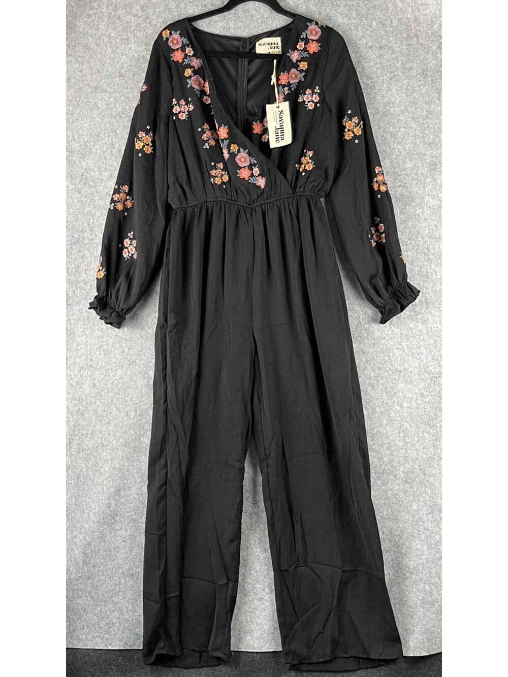 Savanna Jane Embroidered Jumpsuit Womens Medium Black Floral Wide Leg Boho NEW